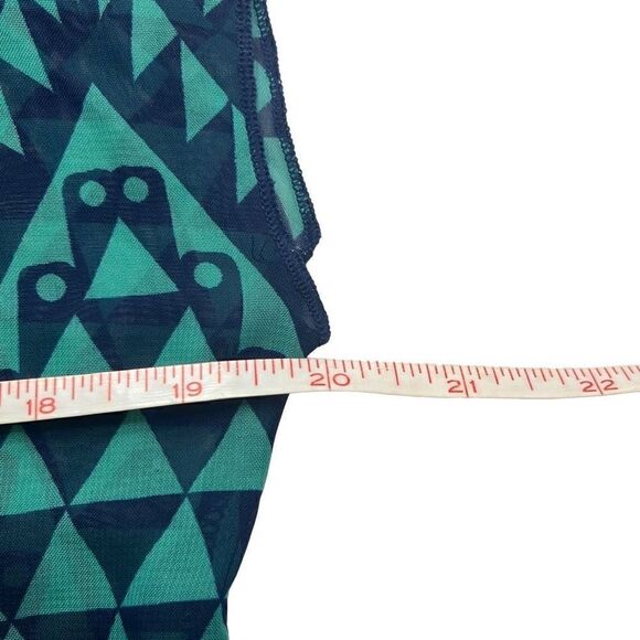 Self Esteem EUC Green Blue Abstract Print Lace Inset Sheer Blouse Sz M - Picture 5 of 6